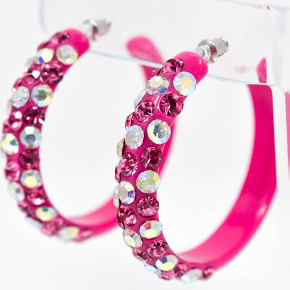 2" Pink Diagonal AB/Pink Rhinestones Hoop Earrings - Picture 8 of 9